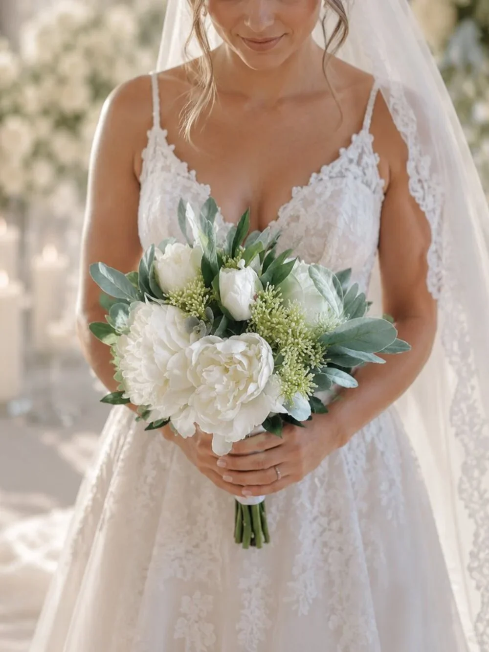 Custom Made Ivory Silk Wedding Bouquet With Roses, Hydrangea and Dusty Miller